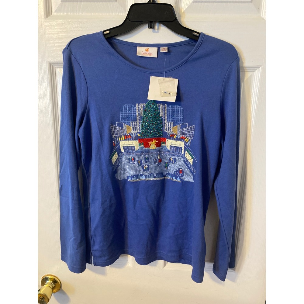 Quacker Factory Rockefeller Center Christmas Tree Blue Long Sleeve Top XS NWT